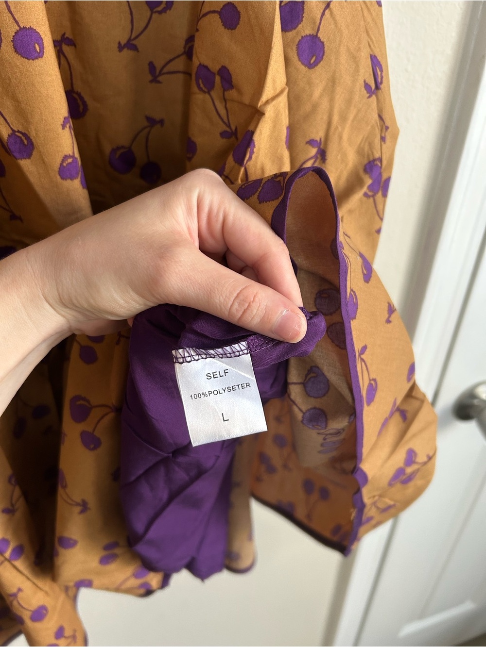 NWT Tulip B Brown Camel Purple Cherries Full Cherry Skirt Elastic Waist Lined L - Picture 3 of 7